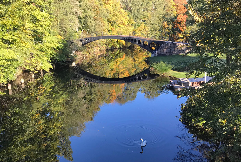 En bro over et lite vann, en svane svømmer en høstdag i Sandvika